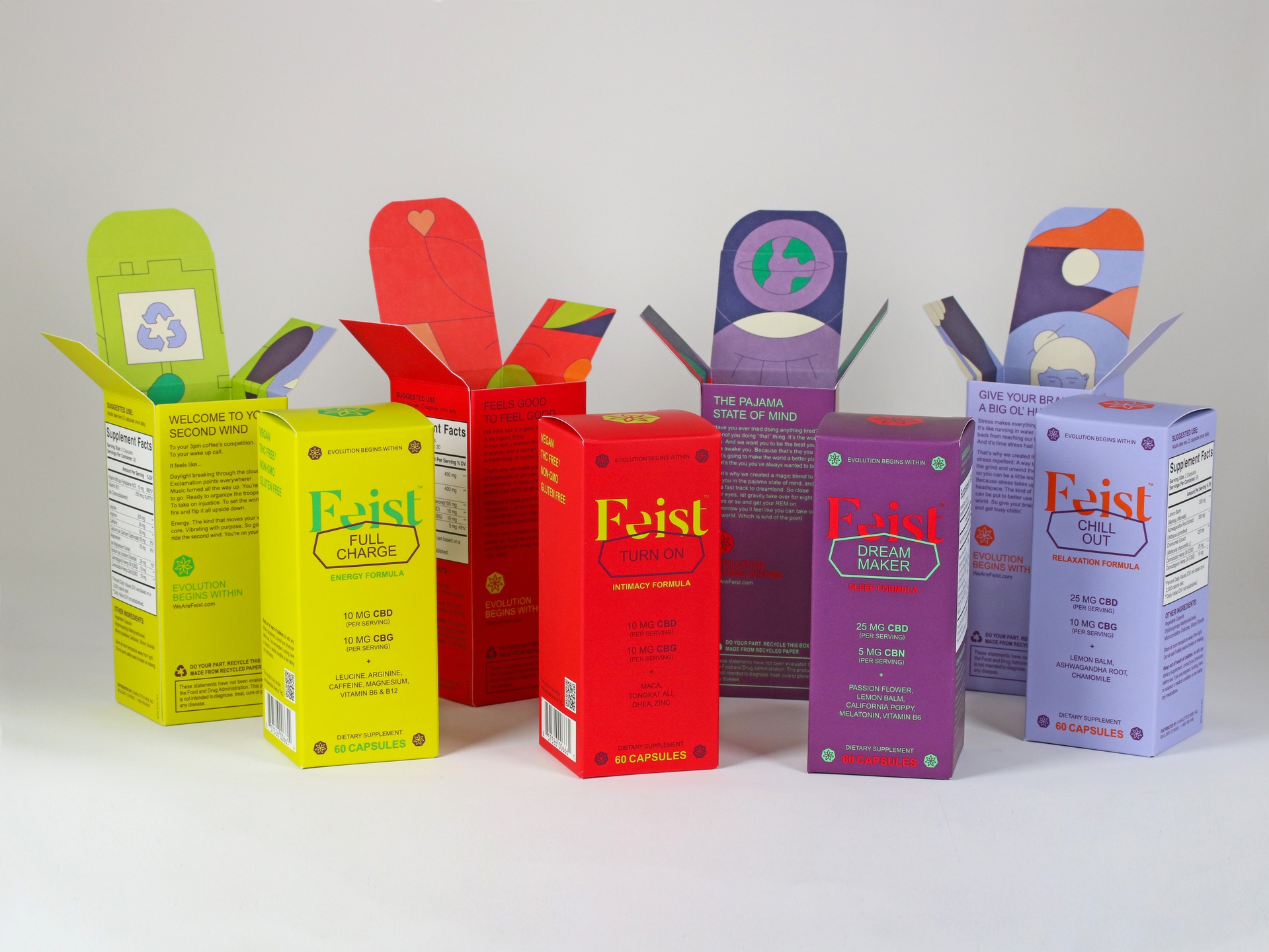 Feist CBD packaging features soft touch coating and UV matte coating on FSC certified ReMagine™ paperboard made with 30% post-consumer recycled (PCR) fiber.