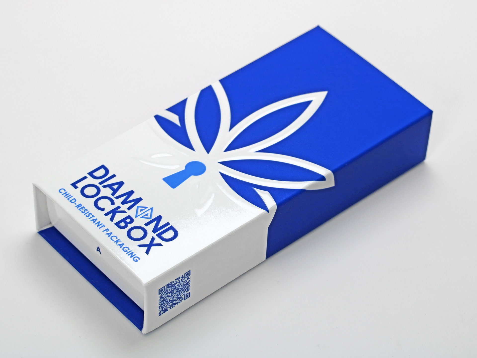 Diamond Lockbox™ Certified Child-Resistant (CR) Cannabis Packaging (blue and white with embossing and debossing)