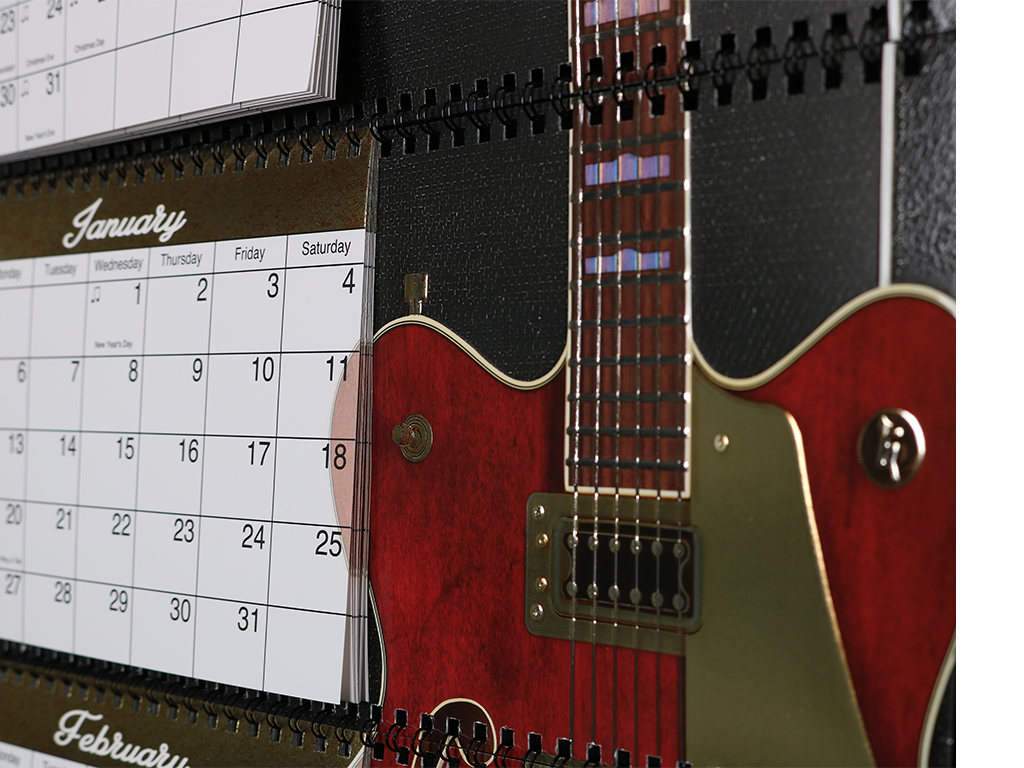 Cold foil delivers shimmering metallic effects on the calendar components.