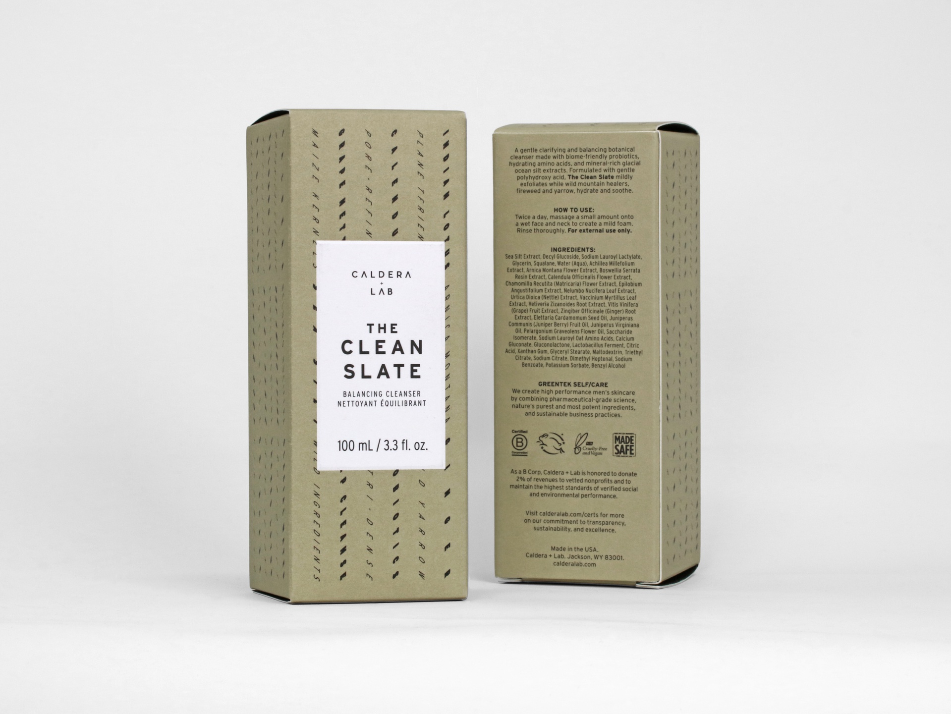 Caldera + Lab Clean Slate packaging features 100% PCR paperboard and embossing accents.