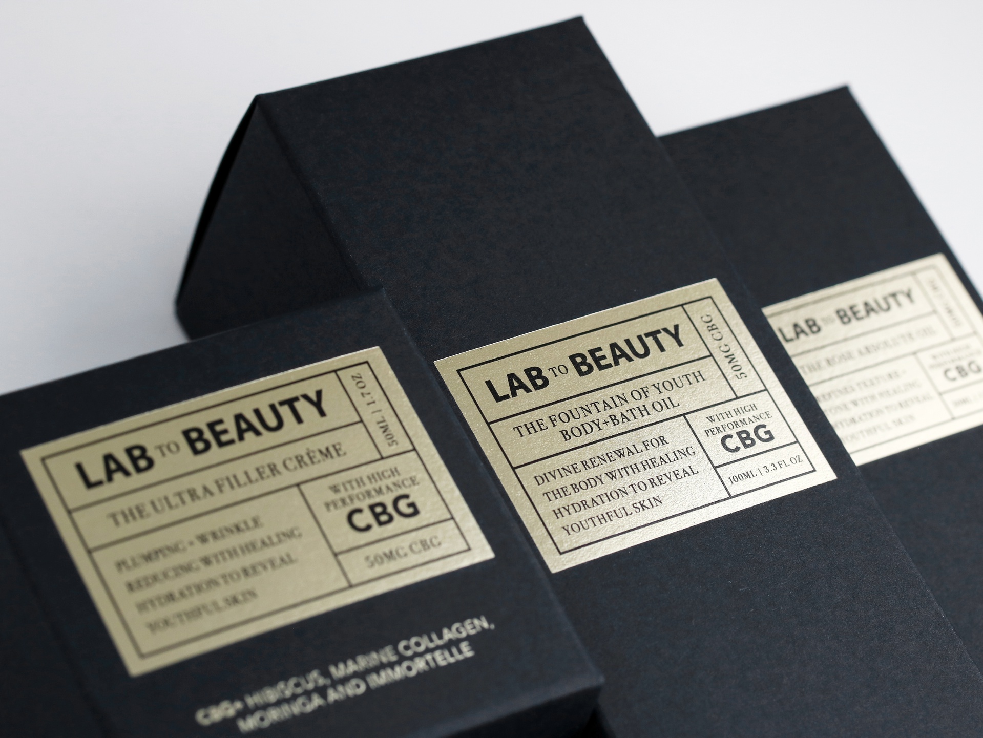 Lab to Beauty CBG packaging features gold hot foil stamping