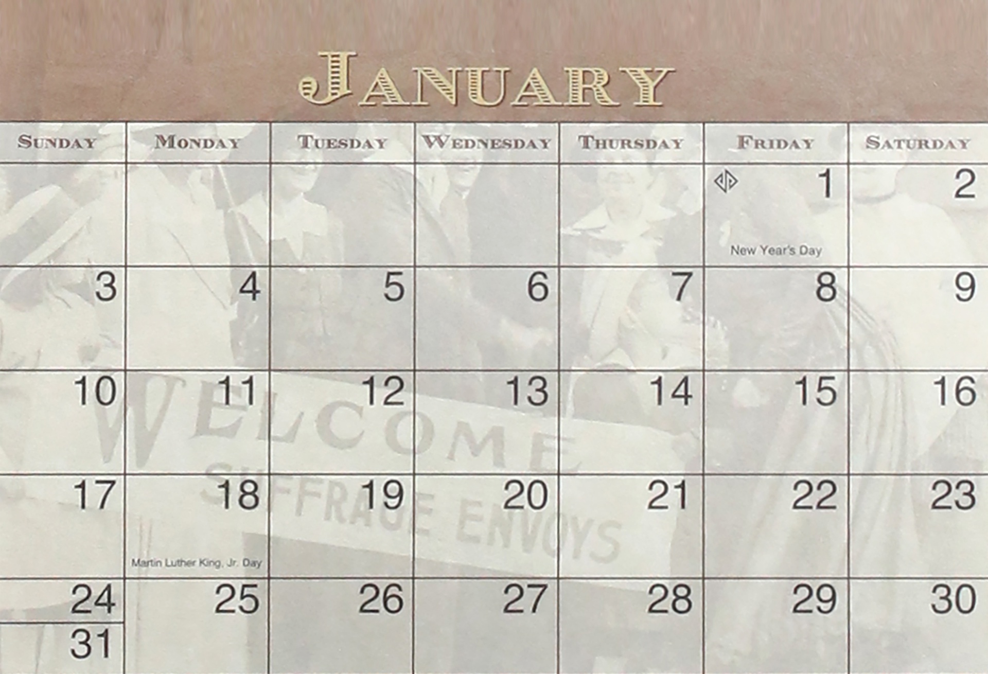 The calendar pages were converted utilizing French Paper Natural Parchtone 80# Text parchment paper and offset printed with four color process inks and aqueous coating.