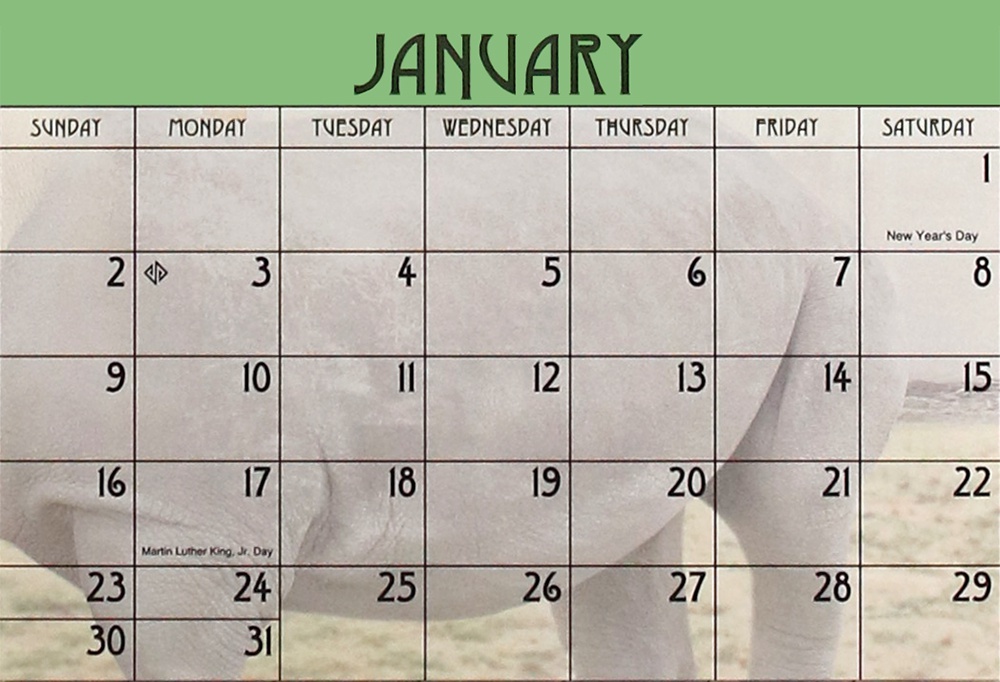 The calendar pages were converted utilizing Domtar Cougar Natural Smooth 80# Text paper and offset printed with four color process inks.