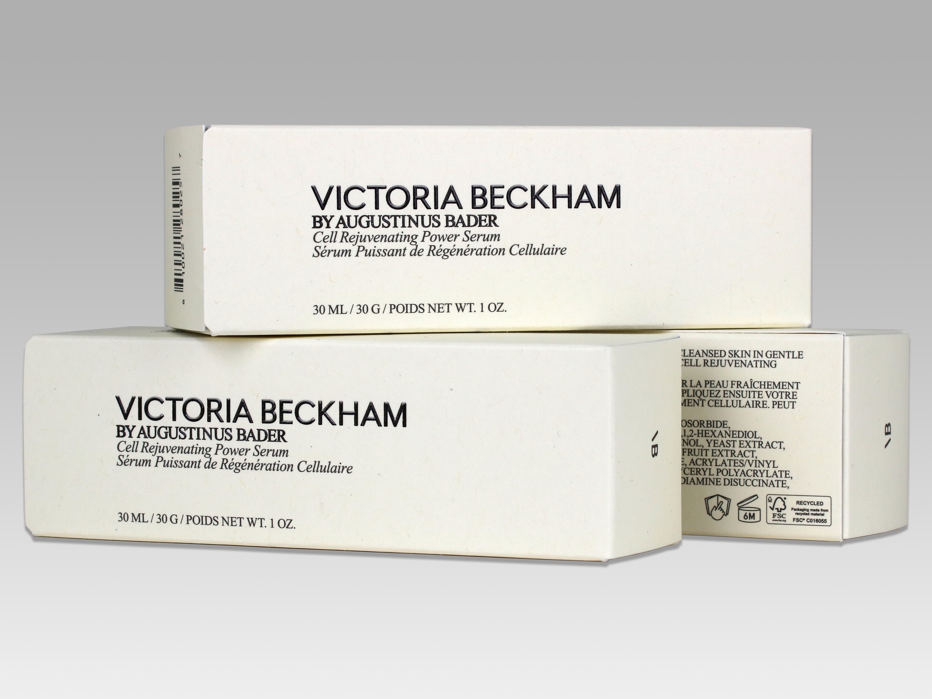 Victoria Beckham folding cartons were converted utilizing Neenah 100 PC White, which is made from 100% Post Consumer Waste (PCW) fibers.