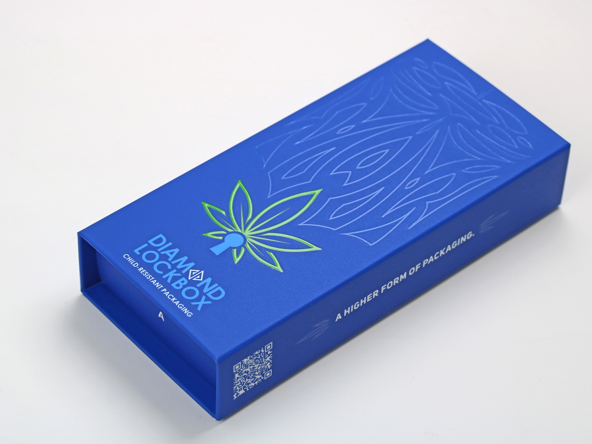 Diamond Lockbox® Certified Child-Resistant (CR) Cannabis Packaging (blue with soft touch coating and embossing)