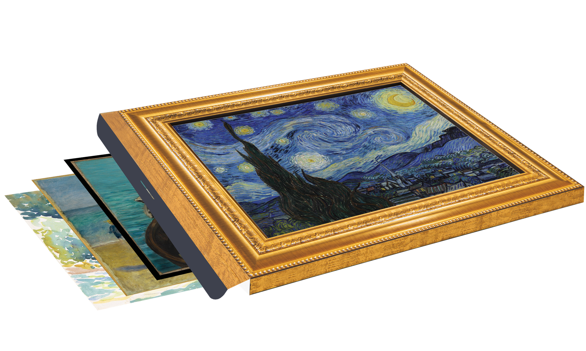 Diamond's dimensional picture frame encloses four (4) pieces of art and features side closures with locking tabs, allowing the recipient to change the artwork.