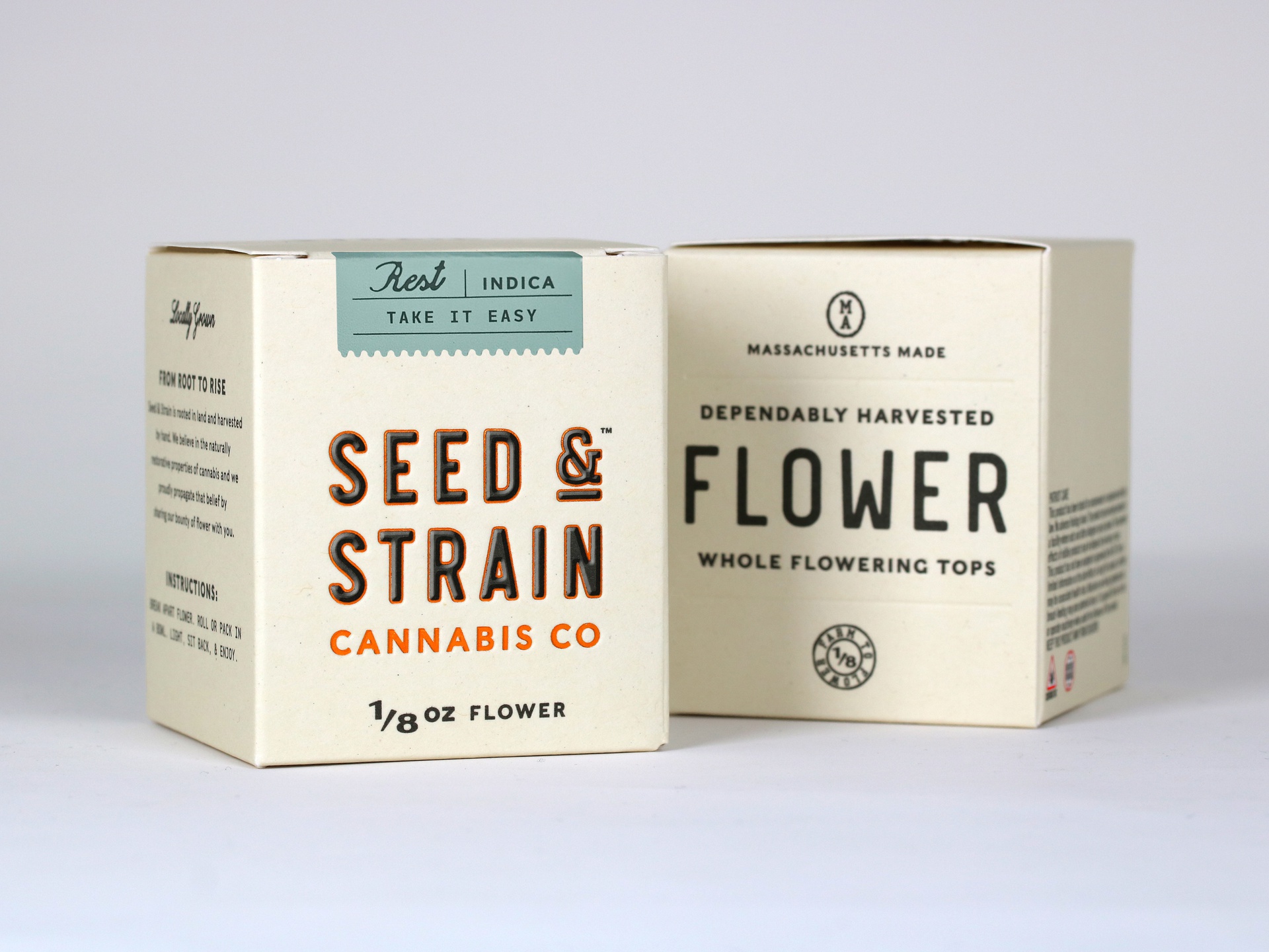 Columbia Care Seed & Strain cannabis packaging features hot foil stamping and debossing on FSC-certified 100% PCW paperboard.