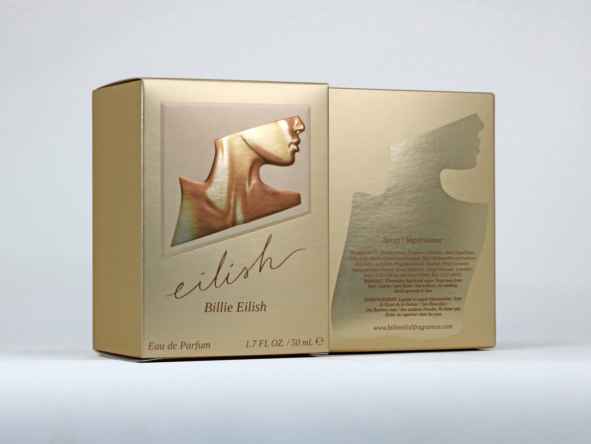 Billie Eilish folding cartons feature soft touch coating, Envirofoil, and multi-level embossing