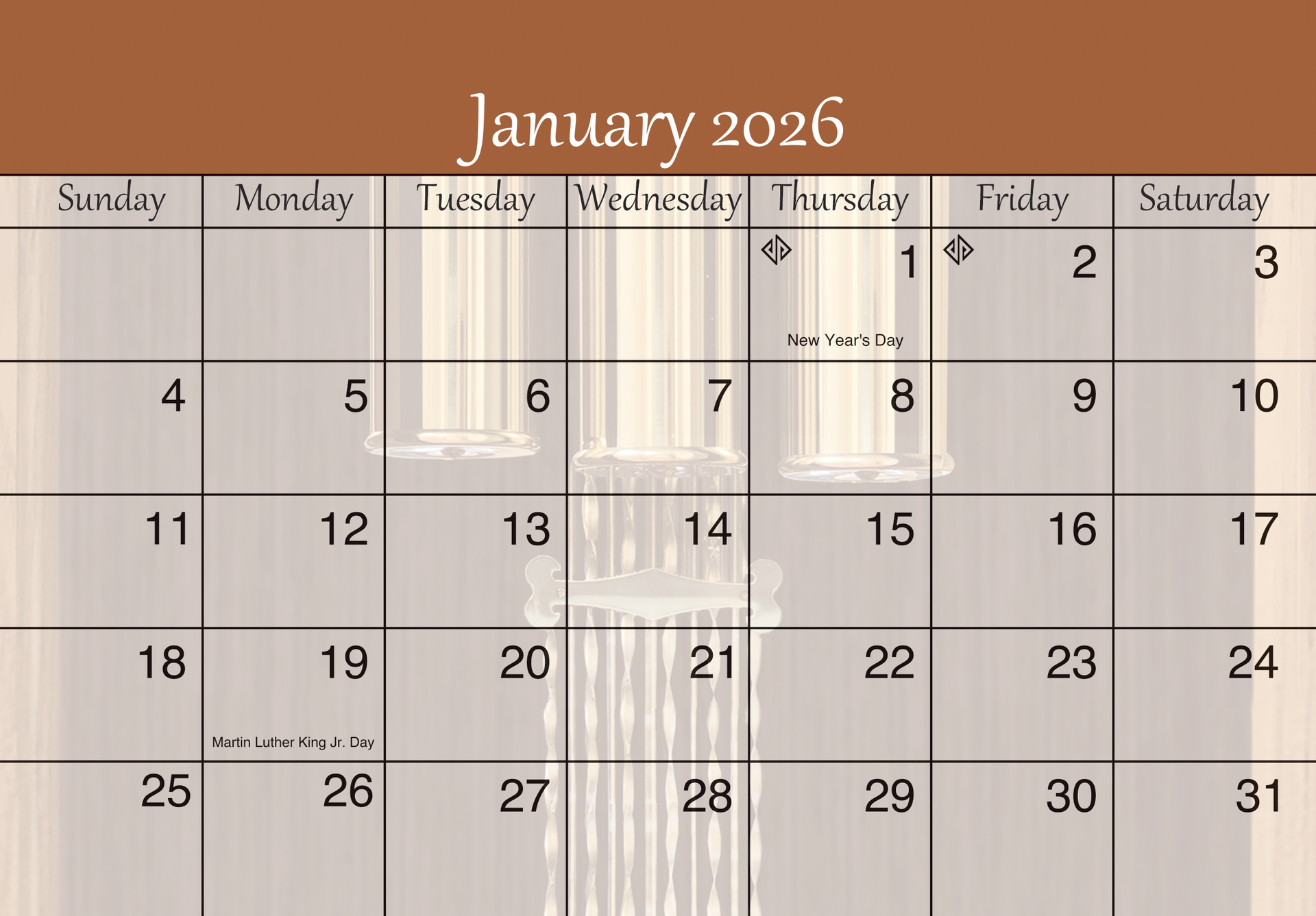 The calendar pages were converted utilizing Domtar Cougar Smooth 80# Natural Text paper and offset printed with four color process inks and UV matte coating.