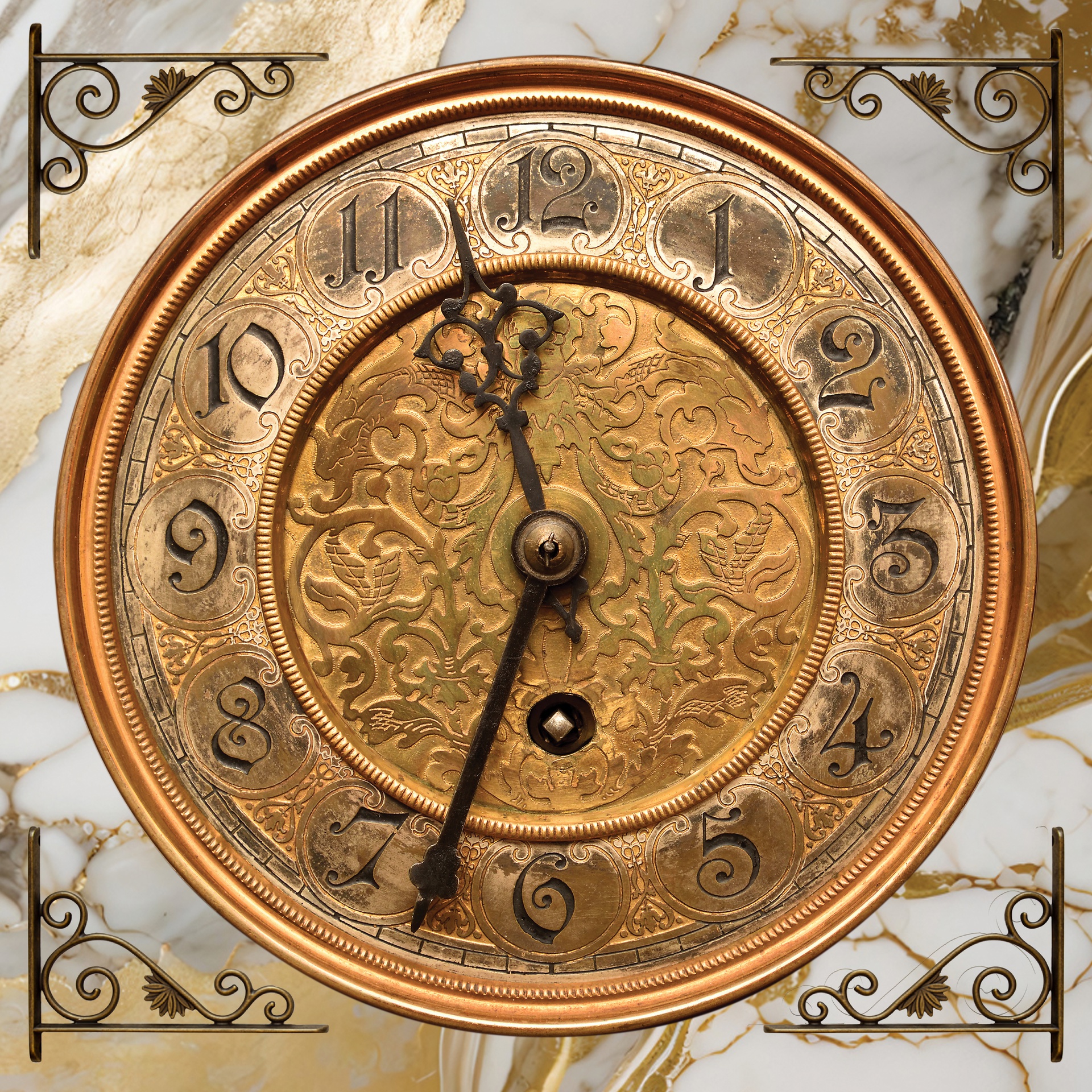 Silver cold foil, supplied by Kurz, delivers shimmering metallic effects on all of the clock faces, weights, and pendulum.