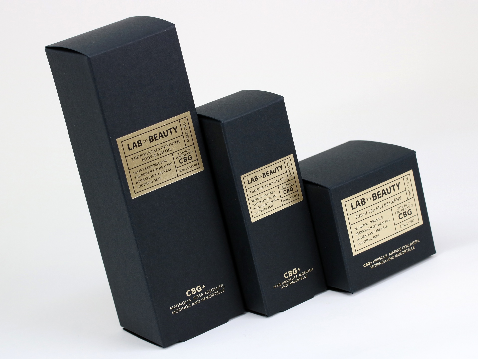 Lab to Beauty cannabis packaging features Neenah Folding Board Deep Black Vellum paperboard