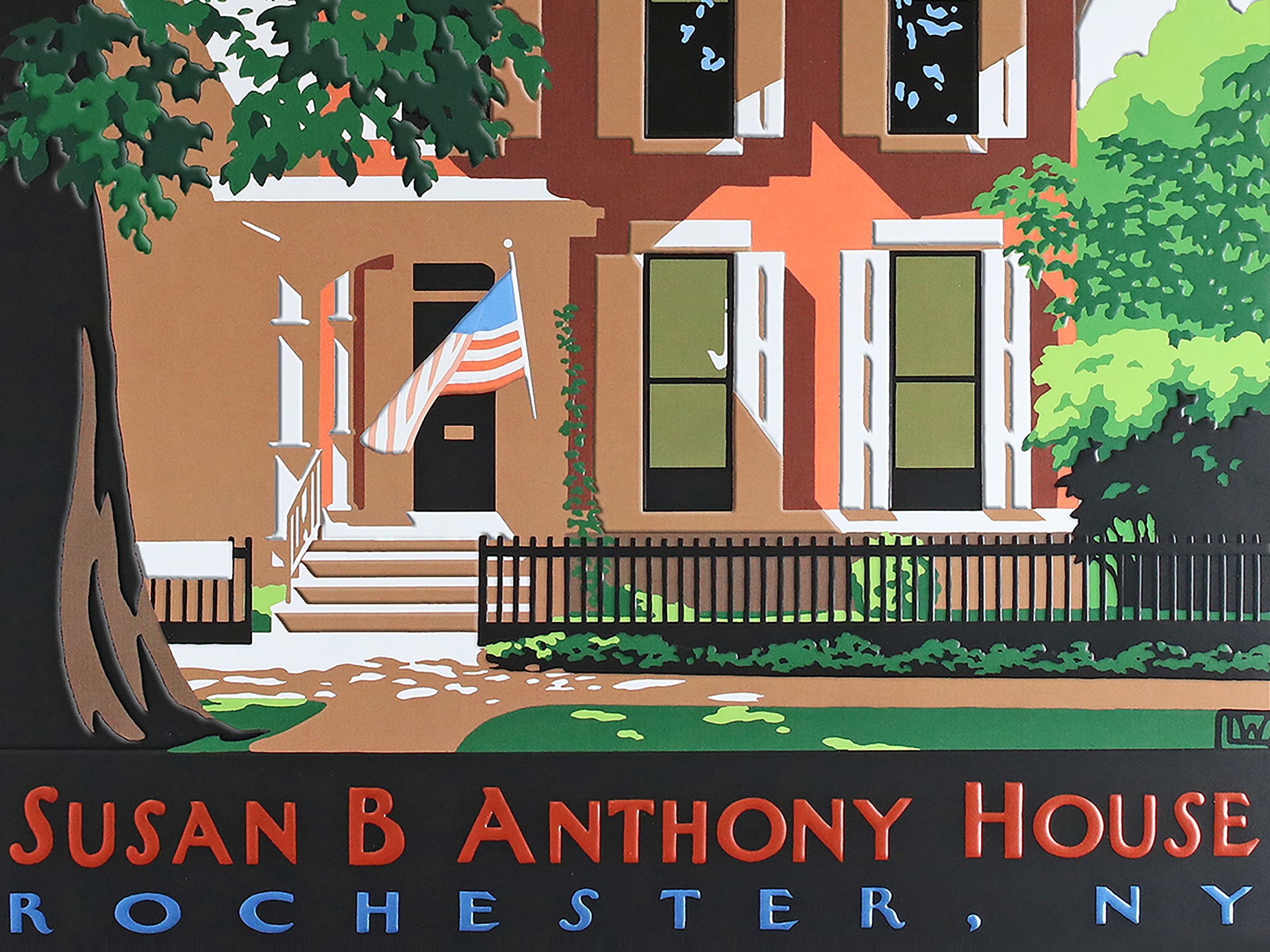 Cold foil delivers shimmering metallic effects on the Susan B. Anthony and Rochester, NY text in the header.