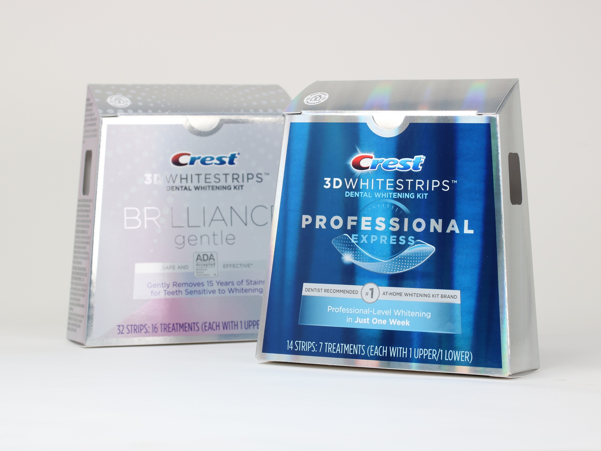 Crest 3D Whitestrips packaging features cold foil.